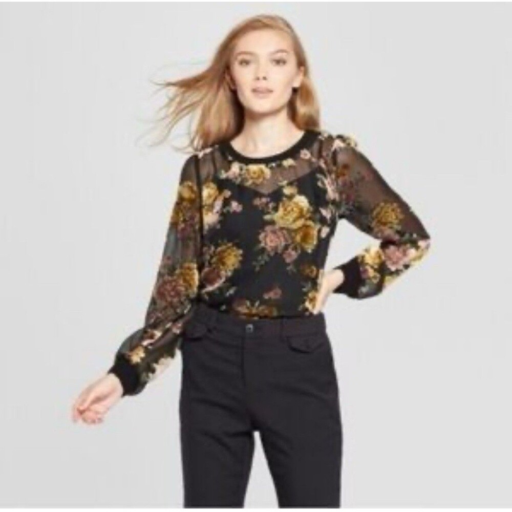 A New Day Tunic Women Sz M Floral Velvet Whimsygoth Sheer Pullover Punk Grounge